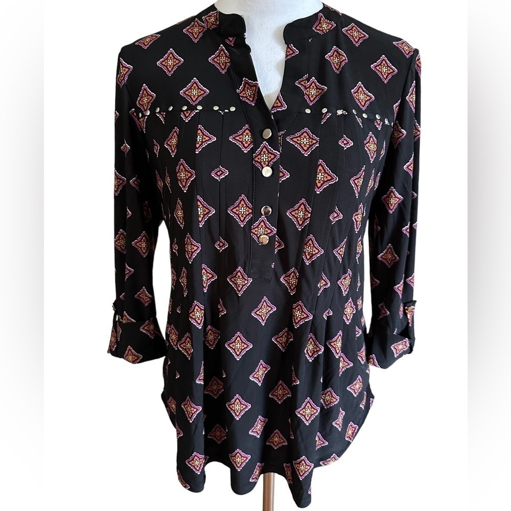 COCOMO Small Black Pink Orange women’s 3/4 sleeve Pintuck Blouse top tun…